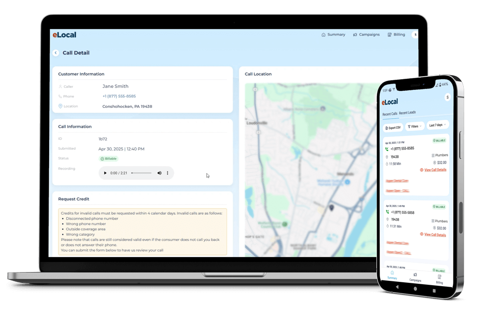 eLocal platform interface displayed on a laptop and smartphone, showing call details, customer information, and a call location map